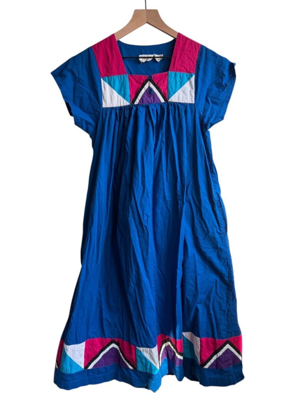 Vintage 1970s Cotton Colorblock Midi Dress With Pockets Medium Blue Pink Purple - Picture 3 of 7